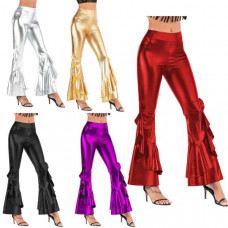 Womens Trousers Fashion Ruffle Leather Pants Metallic Flared Motocycle Tights