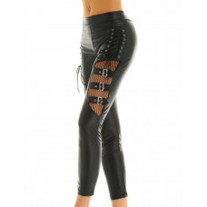 Sexy Women Mid Waist Leather Lace Up Pants Stretch Slim Pencil Trousers Leggings