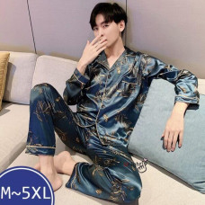 5XL Silk Pajama 2 Piece Pajamas for Men Trousers Suit Oversize Sleepwear Set