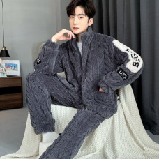 Men's Zipper Cardigan Pajamas Set Winter Plush Thickened Warm High Collar Pyjama