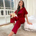 Women's Satin Silk Pajamas Set Short Sleeve Shirt With Long Pants Loungewear Set