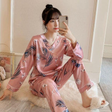 Women's Silk Satin Pajamas Set Long Sleeve Cute Print Sleepwear Loungewear Charm