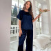 Women's Satin Silk Pajamas Set Short Sleeve Shirt With Long Pants Loungewear Set