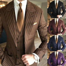 Fashion Men Suits Pin Striped 3 Pieces Wide Peak Lapel Business Wedding Tuxedos