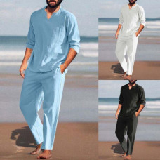 Men Henley Shirt Long Pieces Cotton Linen Set Sleeve And Casual Beach Pants